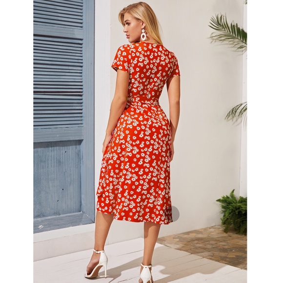 Red Floral V-Neck Wrap Midi Summer Dress - Picture 2 of 14